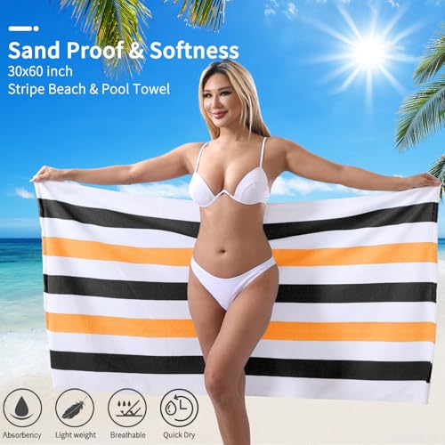 Beach Towel Set-4 Pack 30"x60" Sand Free Stripe Beach Towel for Pool,Bathroom,Soft Absorbent Quick Dry Lightweight Beach Bath Towel,Camping Blanket,Travel Towel,Beach Essentials for Adult,Orange/Black - color: Orange/Black