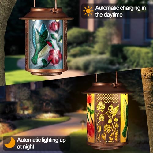 Hummingbird Solar Lanterns Outdoor Waterproof, Birthday Gifts for Women Mom Grandma , Metal Garden Decor Hanging Solar Lights Outside Decorative for Yard Patio Backyard Porch Decorations - style: Hummingbird+Sunflower