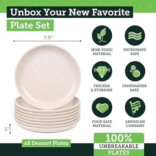 Grow Forward Premium Wheat Straw Plates - 8 Inch Reusable Hard Plastic Dinner Plates Set of 8 - Unbreakable Microwave Safe Plates for Dessert, Camping, RV, Outdoors, Patio, Kitchen Dishes - Sahara - color: Sahara Beige, size: 8 inch