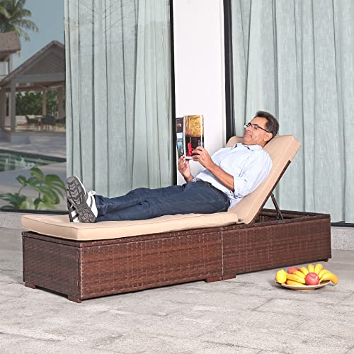 Patiorama Patio Chaise Lounge Chair, Sun Lounger, Outdoor Pool Beach Brown PE Rattan Wicker Reclining Chair W/Adjustable Backrest, Weather Cover, and Removable Cushion (Beige) - color: Brown