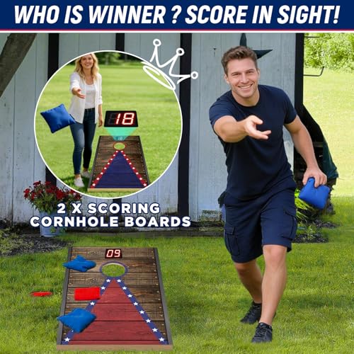 Electronic Cornhole Board Set (4x2ft, 3x2ft, 2x1ft) - Automatic Scoring Corn Hole Game for Adults & Kids - Infrared Sensing Wood Set with 8 Bags & Carry Case for Backyard, Party & Tailgates - size: 4 x 2 ft