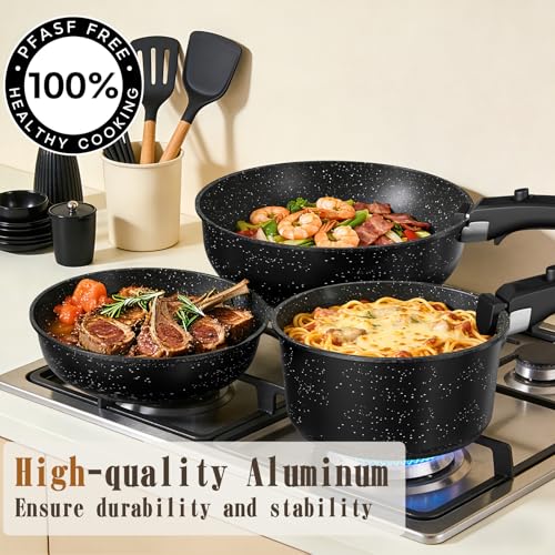 Umite Chef 21Pcs Pots and Pans Set Non Stick, Nonstick Cookware Sets Detachable Handle, Non Toxic Induction RV Kitchen Cooking Set, Dishwasher/Oven Safe, Fridge Safe, Space Saving(Black) - color: Black