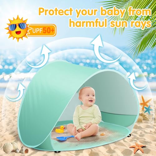 Baby Beach Tent with Pool, Pop Up Sun Shelter UPF 50+ UV Protection for Infant Toddlers, Portable Shade Tent with Carry Bag for Beach Outdoor Travel - color: Mint Green