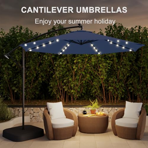 10FT 40-LED Solar Lighted Patio Umbrella with Base Included, Outdoor Offset Cantilever Umbrella, Infinite Tilt, UV Protection for Backyard, Lawn, Garden & Pool - color: Navy Blue, size: 10FT 40LED w/Base (Offset Umbrella)