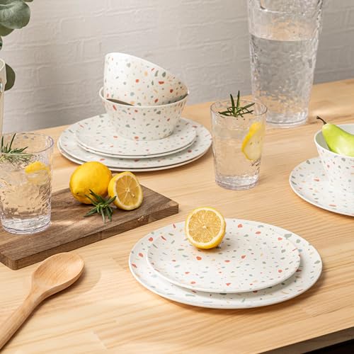 Bzyoo 12-Piece Melamine Dinnerware Set - White Confetti | Lightweight, Durable, BPA-Free | Dishwasher Safe Dish Set for Indoor & Outdoor Use - Perfect for Camping, BBQs, Kids Parties - color: White Confetti