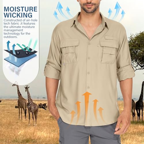 Mens Safari Shirts Long Sleeve UV Protection Hiking Fishing UPF 50+ Quick Dry Camping Travel Shirts - color: Khaki, size: Small