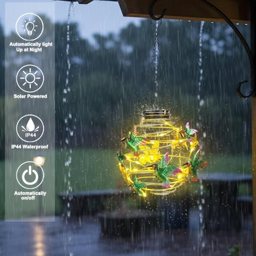 2 Pack Hummingbird Solar Lights Outdoor Hanging Lantern with Handle, Solar Powered Hummingbird Garden Decor for Outside Patio Yard Porch Pathway Hummingbird Gifts for Women (Warm White LED Lights) - color: Green-Hummingbird