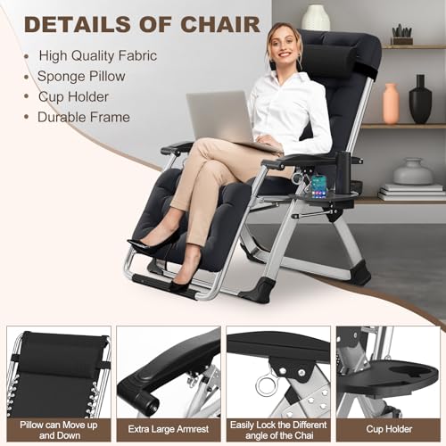 DoCred Comfy Folding Recliner Chair - Bedroom & Living Room, Patio Lounge Chair with Removable Cushion for Indoor Outdoor - color: Black