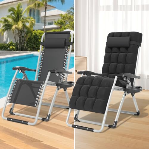 Magshion Zero Gravity Chair with Cushion, Reclining Outdoor Patio Lounge Chair, Folding Indoor Anti Gravity Recliner, Portable Lounger with Removable Cup Holder Side Tray and Pillow Headrest (Black) - color: Black