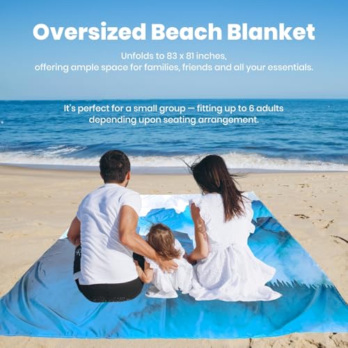 Oversized Sandproof Beach Blanket (83"x81"), Extra Large Beach Sheet for Up to 6 People. Sandfree Beach Mat, Big Sand Blankets with Sand Bags and Stakes. (Cyan Mountain) - color: Cyan Mountain, size: Large (83" X 81" / 6'11" X 6'9")