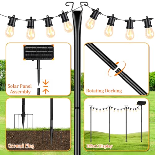 4 Pack Outdoor String Light Poles with Solar Panel & 590 Inch LED String Lights, Heavy Duty Metal Light Pole for Patio, Backyard, Garden, Wedding, Party & Front Porch Decor