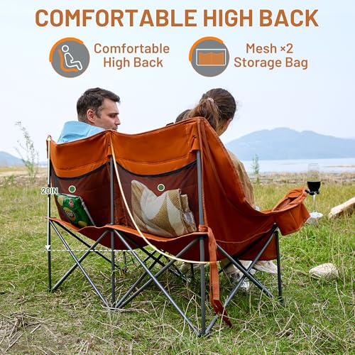Timber Ridge Double Camping Chair, Heavy Duty Outdoor Folding Camp Couch, Loveseat Camping Chairs Perfect for Campsites, Patio/Lawn, Soccer Games or Other Youth Sports, Supports 600 lbs - color: Loveseat Orange