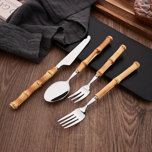 Dinner Knife Set with Bamboo Handle, 8-Piece Stainless Steel Shiny Silver Dinner Knives, Creative Design Table Knives for Home Restaurant, 8.74 inch, Handcrafted - color: 8-Piece Dinner Knife