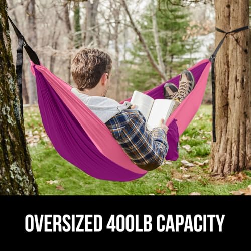 GORILLA GRIP Durable Camping Hammock with Heavy Duty Tree Straps, Portable Hammocks for Outside, Easy to Use Travel Swing Chair, Outdoor Camper Hiker Essentials, Backpacking Gear Gifts, Single, Purple - color: Purple/Pink, size: Single (9' x 4.5')