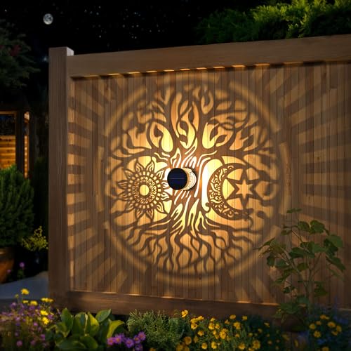 2 Pack Large Solar Fence Lights Metal Solar Powered Outdoor Wall Deck Step Lights Tree Theme Waterproof Fence Light for Garden Post Patio Backyard Yard Decor, Gardening Gifts for Women Mom Grandma - color: Tree-L, size: 2 Pack
