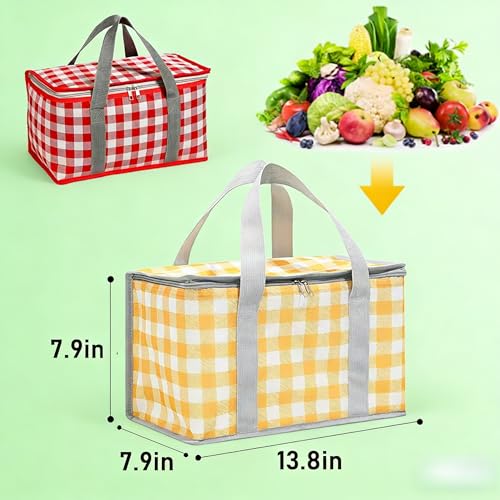 Set of 6 Foldable Insulated Picnic Bags, 14L Large Capacity Cooler Bag with Zippered Top, Reusable Thermal Beach Basket for Outdoor Travel Groceries (Yellow Checkered) - color: Yellow Checkered