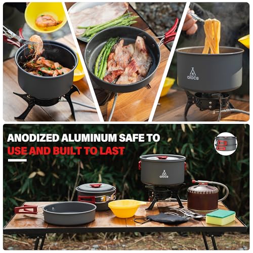 Alocs Camping Cookware Set - Lightweight Camping Pots and Pans - Portable Outdoor Cookware with Kettle - Camping Cookware Mess Kit for 2 - style: Value Kit (13-piece)