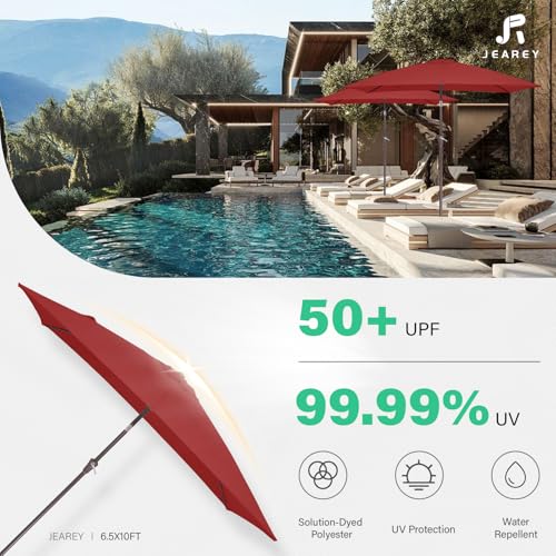 JEAREY 6.5x10 ft Rectangular Patio Umbrellas Rectangle Outdoor Umbrella with Push Button Tilt and Crank, Market Table Umbrella 6 Sturdy Ribs UV Protection for Poolside Garden Backyard Deck, Red - color: Red, size: 6.5x10ft