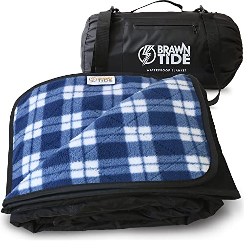 BRAWNTIDE Large Outdoor Waterproof Blanket - Extra Thick Fleece, Warm, Windproof, Sandproof, Quilted, 82" x 55", Ideal for Beaches, Picnics, Camping, Stadiums, Dogs, Car - color: Plaid Blue