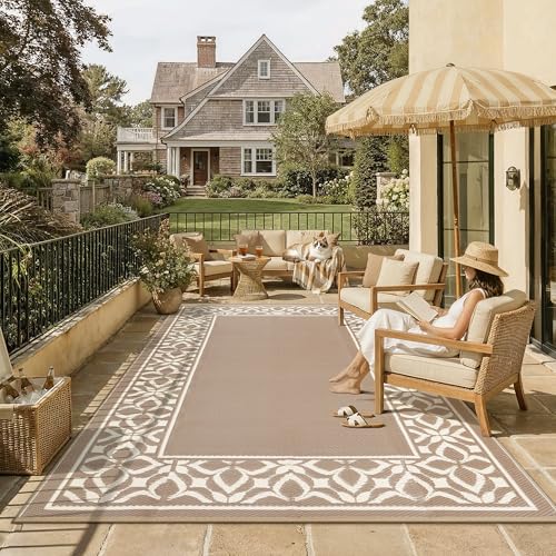 PureCozy Outdoor Plastic Straw Rug Beige Brown Large Outside Waterproof Outdoor Patio 6x9 Carpet Geometric Reversible Mat Modern for Camping RV Porch Deck Balcony Beach - color: Geo | Beige Brown, size: 6' x 9' (Rectangular)