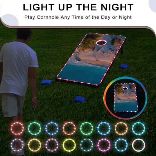 LED Cornhole Set, 3 x 2ft / 4 x2 ft Cornhole Board Game Set, Corn Hole Outdoor Game, Multi-Design with Light-Up Border, 8 Bean Bags, Carrying Case for Backyard, Beach, Lawn - color: Beach, size: 4'x2'