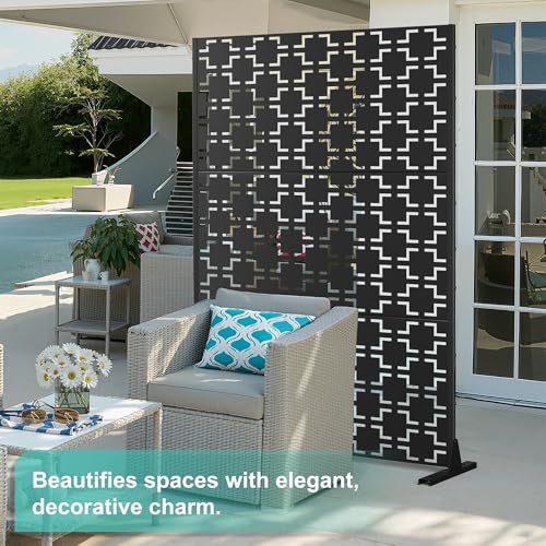Modern Metal Privacy Screen, Patio Outdoor Privacy Panels with Stand, Freestanding Outdoor Divider for Yard, Deck＆Garden(71.3"*47.3"*15.7") - color: Black,Square