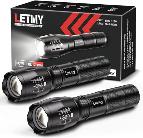 LETMY Tactical Flashlight S2000-2 Pack Bright Military Grade LED Flashlights High Lumens - Portable Handheld Flash Light, 5 Modes Zoomable Waterproof Flashlights for Home Emergency Camping Outdoor - color: Black, size: 2 Pack