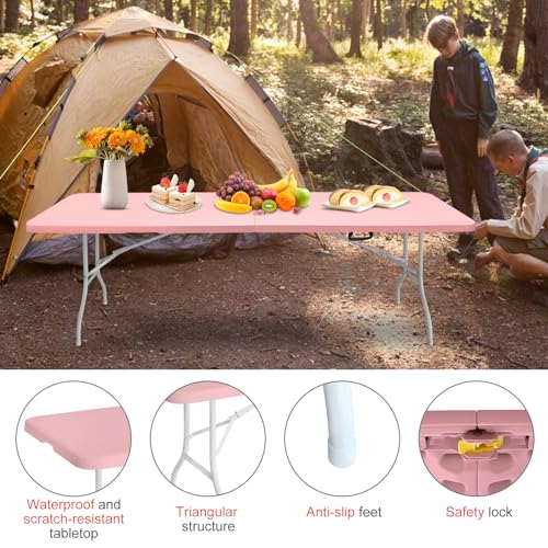 Portable 8Ft Folding Table, Heavy Duty Plastic Fold-in-Half Utility Foldable Dining Table, Multi-Purpose Plastic Folding Table with Carrying Handle for Camping and Party Indoor/Outdoor (Pink) - color: Pink, size: 8Ft