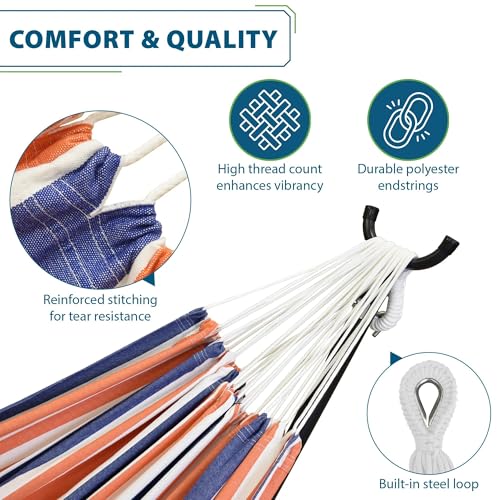 Vivere Double Cotton Hammock with Space Saving Steel Stand, Upgraded Polyester End Strings 450 lb Capacity - Premium Carry Bag Included - USA Grown Cotton (Orange Punch) - color: Orange Punch