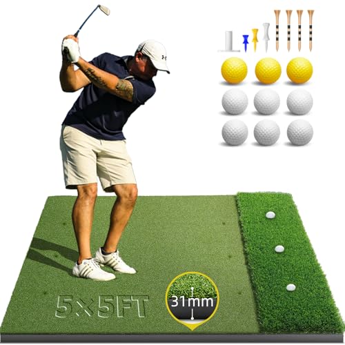 Bltend Dual Turf Golf Mat 31mm: 5x5ft/5x4ft Heavy-Duty Golf Hitting Mats Practice Outdoor/Indoor, Elite Dense Artificial Turf Matt Training Aid for Garage/Simulators/Driving Range/Backyard - style: 5'x5' Elite - 31mm