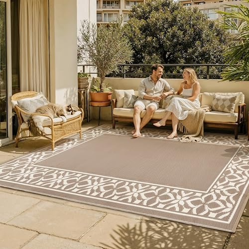 PureCozy Outdoor Plastic Straw Rug Beige Brown Large Outside Waterproof Outdoor Patio 5x8 Carpet Geometric Reversible Mat Modern for Camping RV Porch Deck Balcony Beach - color: Geo | Beige Brown, size: 5' x 8' (Rectangular)