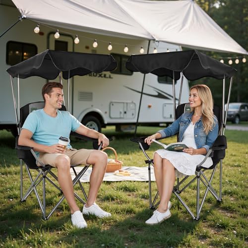 Northroad Folding Camping Chairs with Canopy Shade, Beach Chair w/Cup Holders, Armrests & Carry Bag for Outdoors Travel Sports Fishing, Black - color: Black