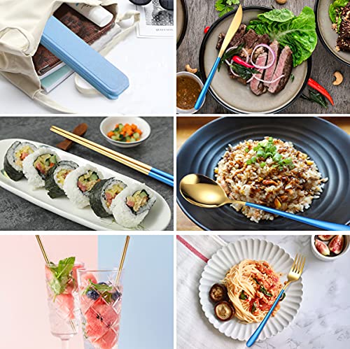 AARAINBOW 6 Pieces 18/8 Stainless Steel Flatware Set Portable Reusable Cutlery Set Travel Utensils Set Including Chopsticks Knife Fork Spoon Straws Cleaning Brush Dishwasher Safe (Blue golden) - color: Blue golden