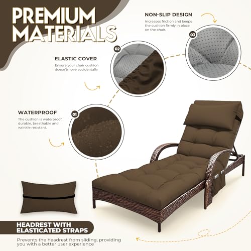 Outdoor Chaise Lounge Chair Cushion, Waterproof Outdoor Chair Cushions for Patio Furniture, 71 x 21 x 4 Inches Replacement Chaise Lounge Cushion with Ties (Brown) - color: Brown