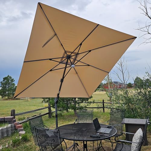 PURPLE LEAF 10 Feet Patio Umbrella Outdoor Cantilever Solar Powered LED Swivel Square Umbrella Aluminum Offset Umbrella with 360-degree Rotation for Garden Deck Pool Patio, Beige - color: Beige, size: 10' X 10', style: Left-right Tilt（LED）