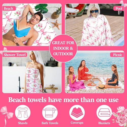 Pink Bow Oversized Beach Towel - Flower Double-sided Thin Microfiber Lightweight Pool Towel 71"x35" Quick Dry Towel Sand Free Blanket for Bath Sport Travel Beach Swimming Camping for Girl Women - color: Pink, White, style: Rose Bow