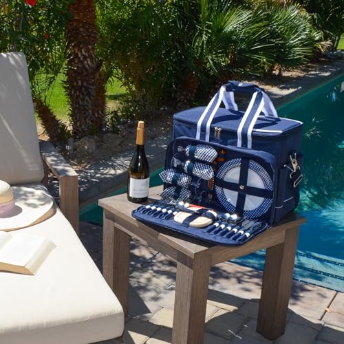 Picnic at Ascot- Original Insulated Picnic Cooler on Wheels with Service for 4- Designed & Assembled in the USA - color: Navy With Wheels