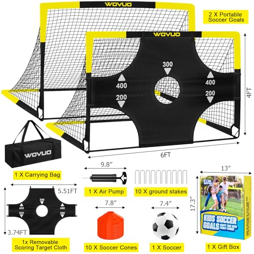 Kids Soccer Goals for Backyard Set of 2, 6x4 ft Portable Toddler Soccer Goal Training Equipment with Soccer Target, Ball, Cones, Soccer Net for Kids Age 3-5 6-8 8-12 10-12-14 Outdoor Sports Games Gift - color: Black Yellow