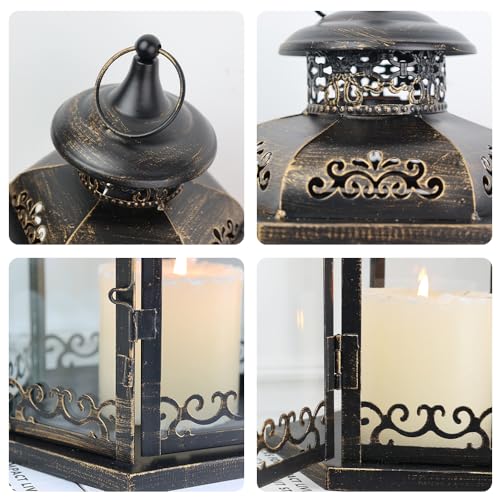 Large Lantern Decorative Outdoor & Indoor, Set of 2 (15’’&11’’) Metal Candle Lanterns Decor, Vintage Hanging Candle Holder for Front Porch Patio Wedding Farmhouse Home, Spring Decoration - color: Black / 14.7''h+11.2''h
