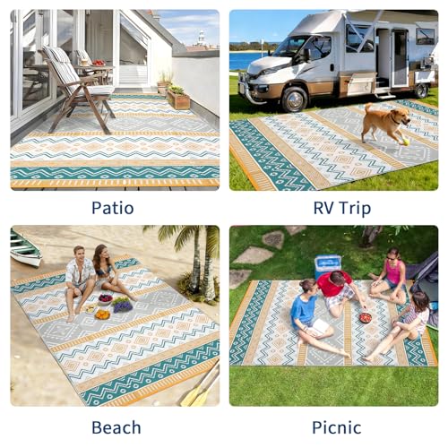 Boho 10x14 Waterproof Outdoor Rug, Reversible Plastic Straw Mat, Tribal Geometric Washable RV Camping Carpet, Foldable UV Resistant Deck Rug for Picnic Backyard Balcony Porch Patio, Yellow - color: Yellow/Green/Gray/White, size: 10' x 14' (Rectangular)