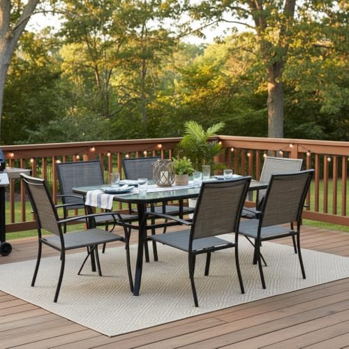 Tangkula 55" Patio Dining Table for 6, Rectangle Outdoor Dining Table with Tempered Glass Tabletop, Umbrella Hole & Metal Frame, 6-Person Outside Dining Table for Backyard, Lawn, Deck & Poolside - size: 55" x 35" x 28"