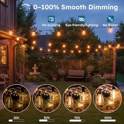 GvvooHome 50FT S11 LED Outdoor String Lights with App & Remote, Low-Voltage Patio Lights with Music Sync, 4 Lighting Modes, Dimmable, Waterproof LED Outdoor Lights for Porch, Deck, Garden, Backyard - size: 50FT-APP