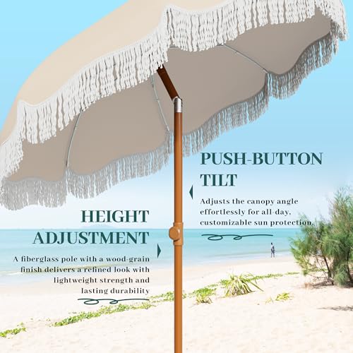 AreShark 7ft Patio Umbrella with Fringe, UPF50+ Beach Umbrella for Table, Pool & Garden, Portable Outdoor Tassels Umbrella w/Fiberglass Ribs&Push Bottom Tilt(Ivory) - color: Ivory, size: 7FT