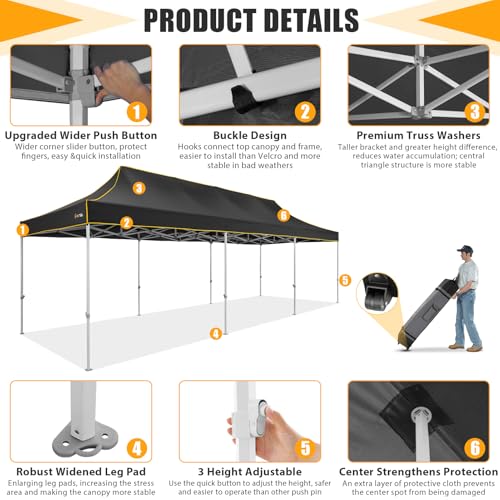 HOTEEL 10x30 Heavy Duty Pop Up Canopy Tent for Parties Event Wedding Commercial Instant Canopy with Wheeled Bag, Party Tent Waterproof UV 50+&Windproof, Upgraded Thick Hexagonal Legs, Black - color: Black, size: 10x30FT (No Walls)