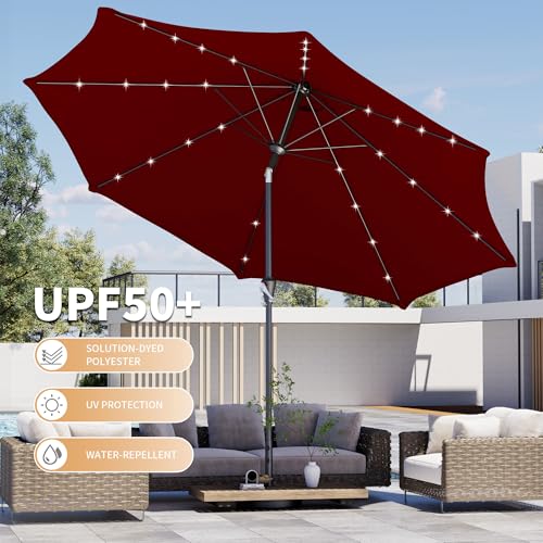 Kingdura 10FT Outdoor Patio Umbrella with Solar Lights, Market Table Umbrella with Push Button Tilt & Crank, 8 Sturdy Ribs, 32 LED Lights, UV Protection for Garden Lawn Deck Backyard Pool (Dark red) - color: Dark red-LED, size: 10 Ft