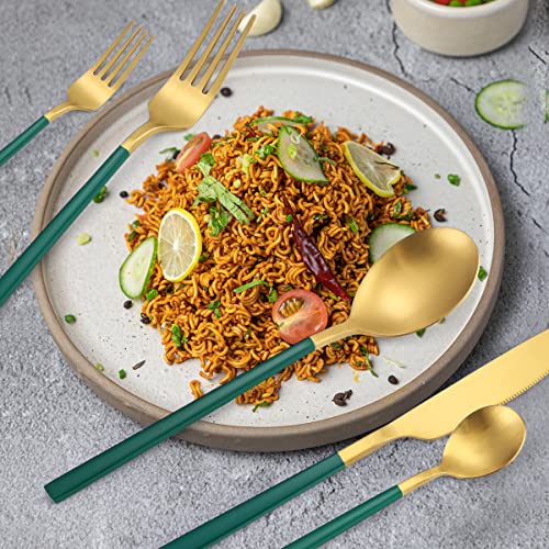 AARAINBOW 6 Pieces Stainless Steel Flatware Set Portable Reusable Cutlery Set Travel Utensils Set Including Chopsticks Knife Fork Spoon Straws Cleaning Brush Dishwasher Safe (B-Green golden) - color: B-Green golden