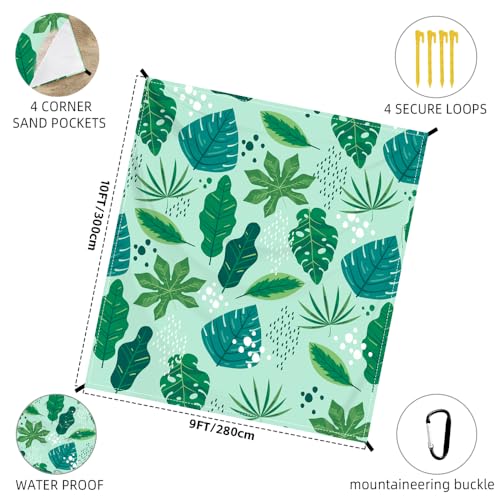 Beach Blanket Waterproof Sandproof Oversized Extra 110" * 118"/ 9 * 10 Ft Sand Free Beach Mat with Stakes, Storage Bag - Essentials for Outdoor Beach, Picnic,Quick Drying Durable - color: Palm Leaf, size: 9x10 FT (1～8 Person)