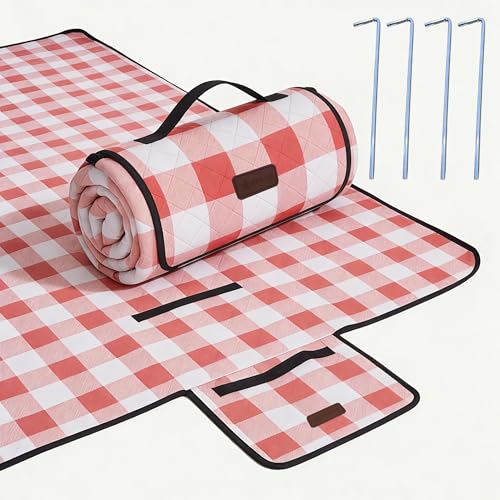HX&OD Outdoor Picnic Blanket, Extra Large, 80''x60'' Waterproof Foldable Blankets Gingham Picnic Mat for Beach, Camping Grass Lawn Park Accessories Cute Couple Ideas Wedding (Red, 80”x60”) - color: Red, size: 5' x 6'8" (Square)