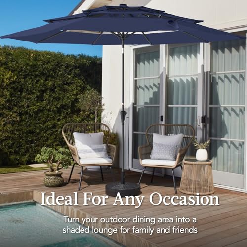 Best Choice Products 10ft 3-Tier Market Patio Umbrella, Outdoor Sun Shade with Tilt, Crank Lift, 8 Ribs for Backyard, Deck, Poolside - color: Navy Blue