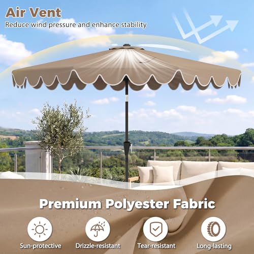 Tangkula 10 FT Patio Umbrella with Base Included, 2-Tiers Outdoor Scalloped Table Umbrella with 2 Sandbags, Tilt Adjustment, Crank, 8 Ribs for Market Backyard Pool Deck Beach Lawn - color: Tan, size: 10 FT